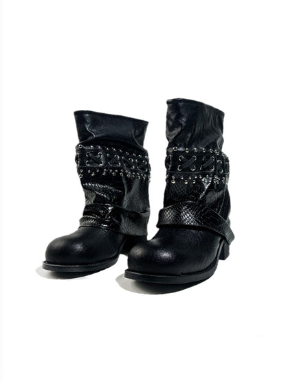 Heavy-Duty Studs Cross Lace Chunky Heel Platform Riding Boots【s0000017949】