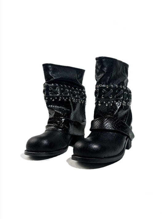 Heavy-Duty Studs Cross Lace Chunky Heel Platform Riding Boots【s0000017949】
