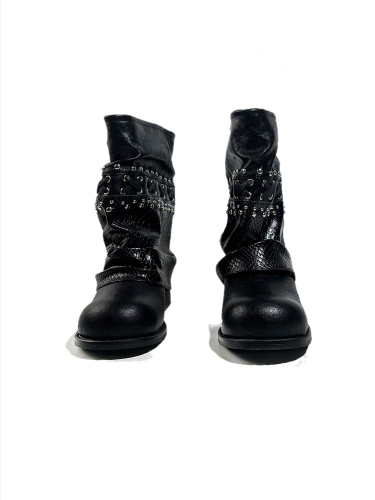 Heavy-Duty Studs Cross Lace Chunky Heel Platform Riding Boots【s0000017949】