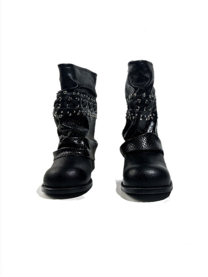 Heavy-Duty Studs Cross Lace Chunky Heel Platform Riding Boots【s0000017949】