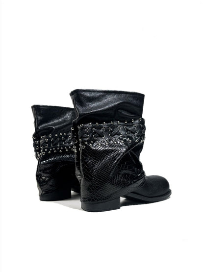 Heavy-Duty Studs Cross Lace Chunky Heel Platform Riding Boots【s0000017949】