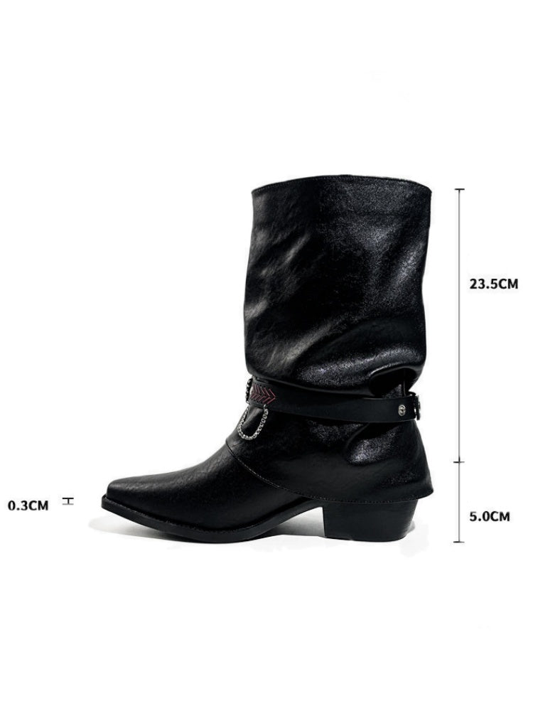 Triple Buckle Pointed Toe Chunky Heel Riding Boots【s0000017950】