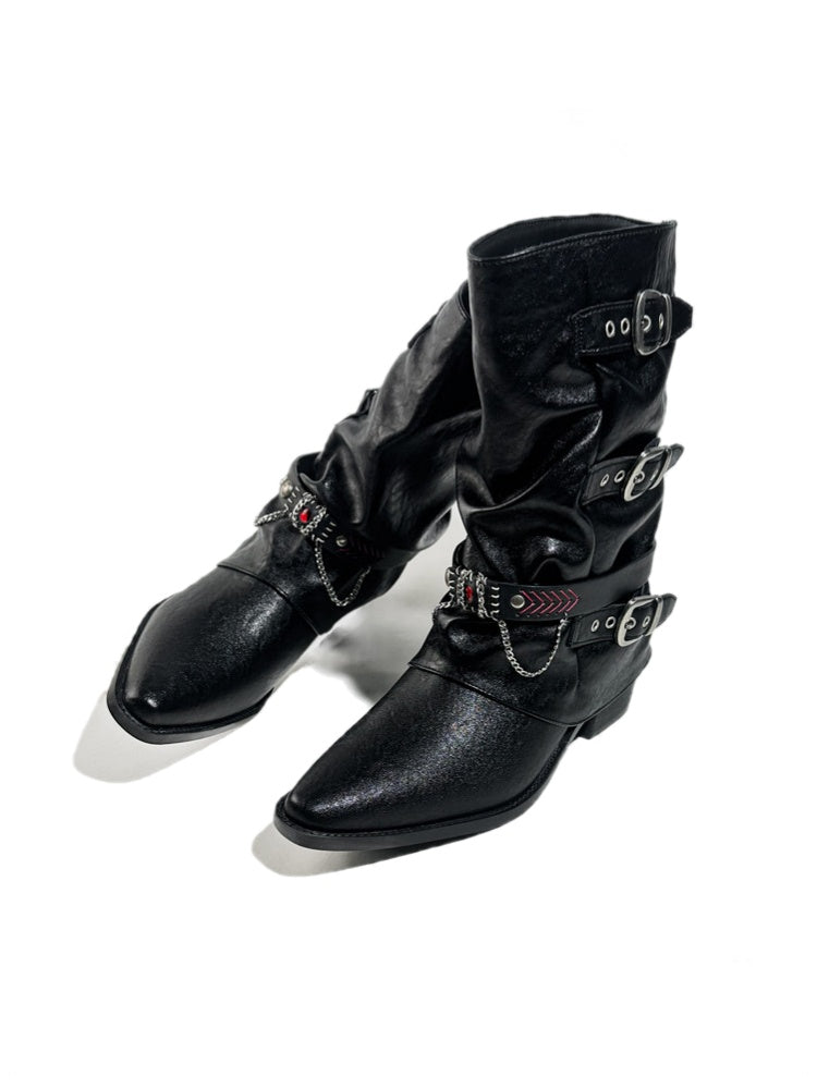 Triple Buckle Pointed Toe Chunky Heel Riding Boots【s0000017950】