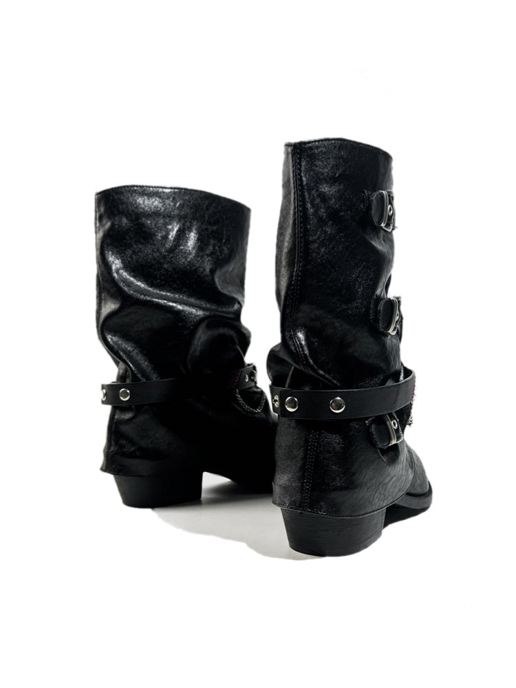 Triple Buckle Pointed Toe Chunky Heel Riding Boots【s0000017950】