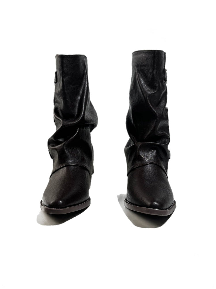 Triple Buckle Pointed Toe Chunky Heel Riding Boots【s0000017950】