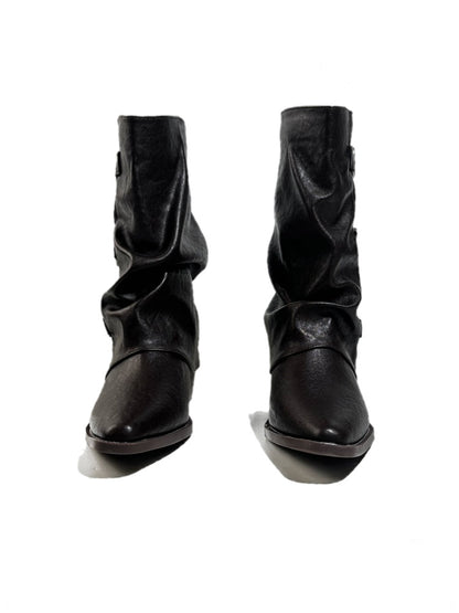 Triple Buckle Pointed Toe Chunky Heel Riding Boots【s0000017950】