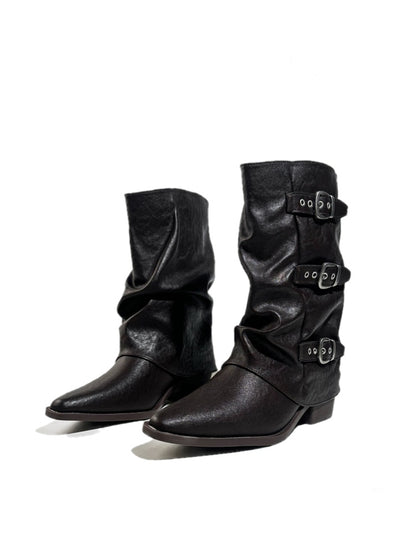 Triple Buckle Pointed Toe Chunky Heel Riding Boots【s0000017950】