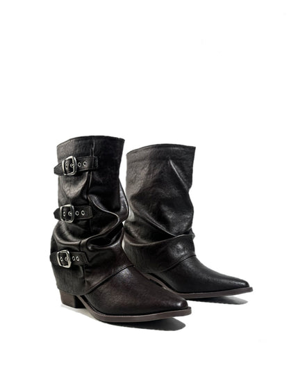 Triple Buckle Pointed Toe Chunky Heel Riding Boots【s0000017950】