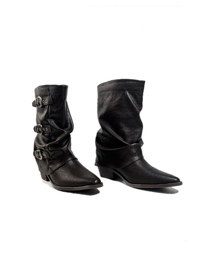 Triple Buckle Pointed Toe Chunky Heel Riding Boots【s0000017950】