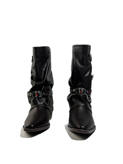 Triple Buckle Pointed Toe Chunky Heel Riding Boots【s0000017950】