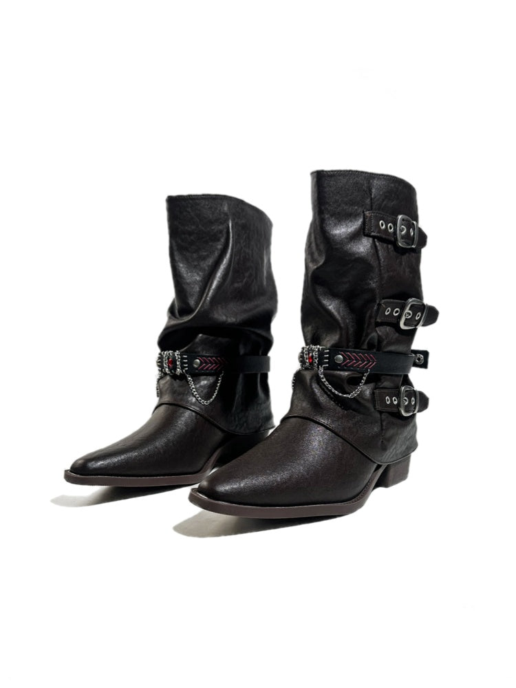 Triple Buckle Pointed Toe Chunky Heel Riding Boots【s0000017950】