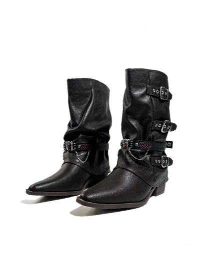 Triple Buckle Pointed Toe Chunky Heel Riding Boots【s0000017950】