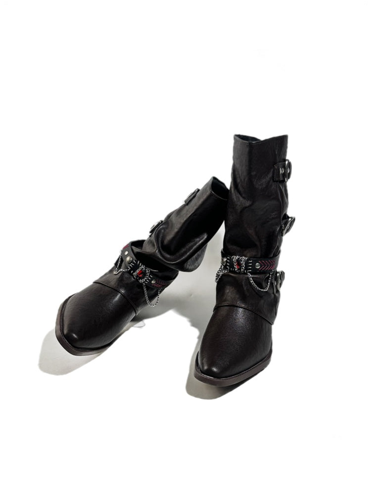 Triple Buckle Pointed Toe Chunky Heel Riding Boots【s0000017950】