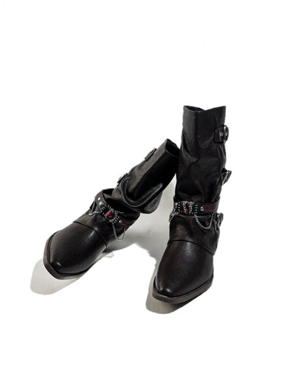 Triple Buckle Pointed Toe Chunky Heel Riding Boots【s0000017950】