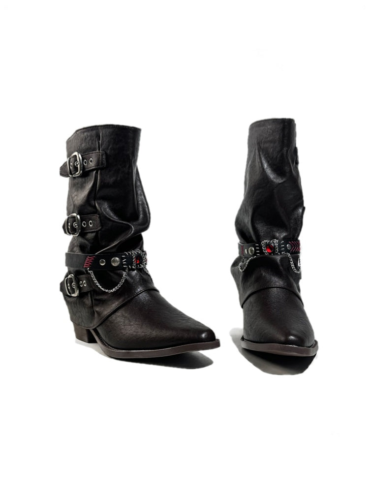 Triple Buckle Pointed Toe Chunky Heel Riding Boots【s0000017950】