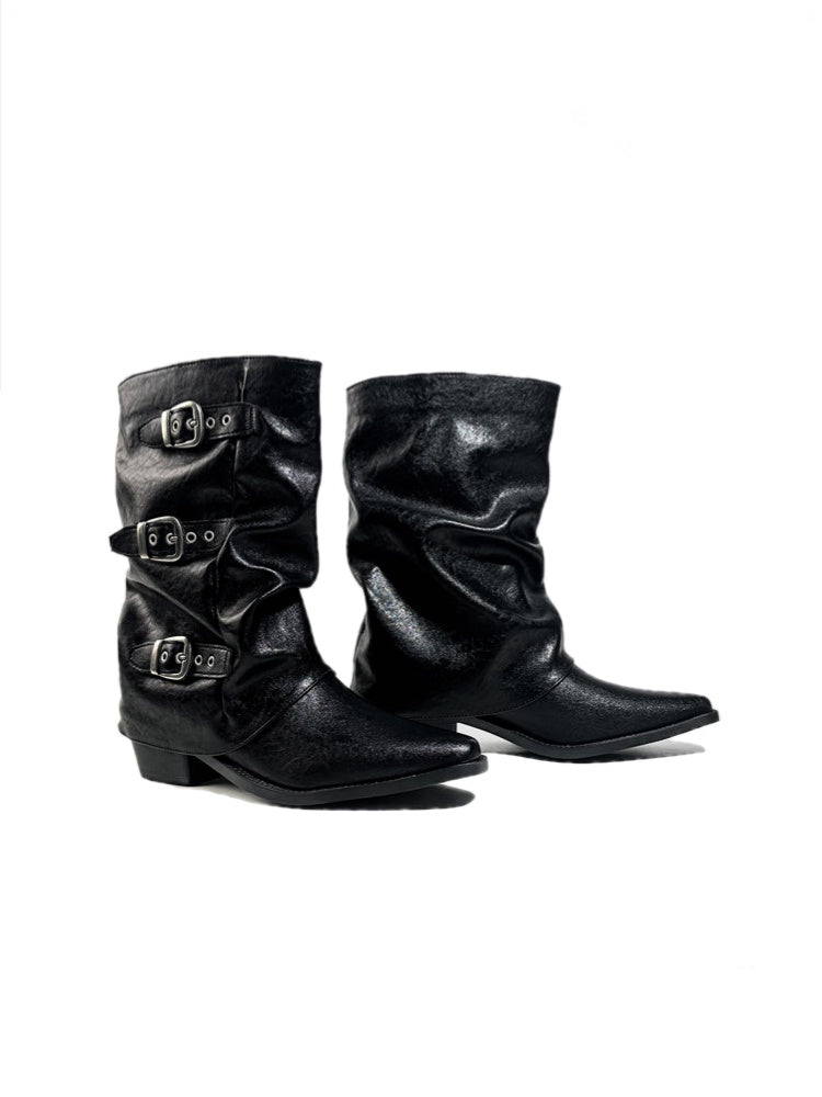 Triple Buckle Pointed Toe Chunky Heel Riding Boots【s0000017950】