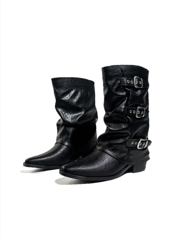 Triple Buckle Pointed Toe Chunky Heel Riding Boots【s0000017950】