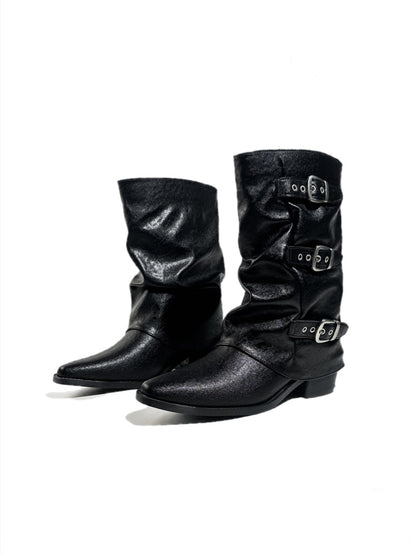 Triple Buckle Pointed Toe Chunky Heel Riding Boots【s0000017950】