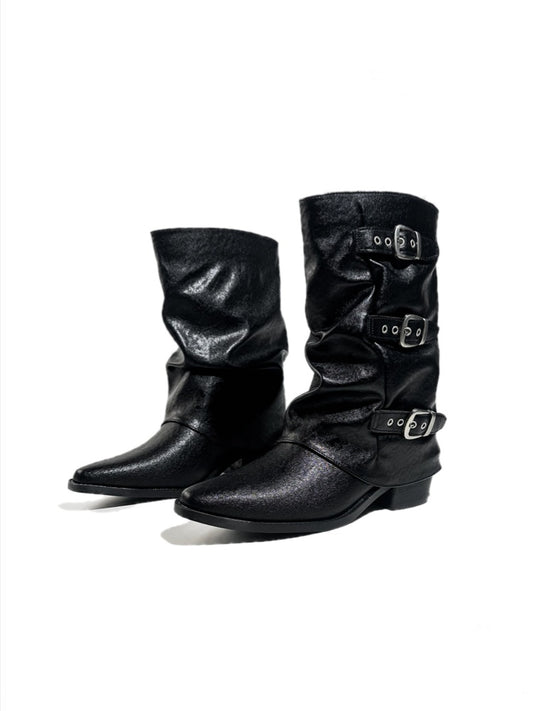 Triple Buckle Pointed Toe Chunky Heel Riding Boots【s0000017950】