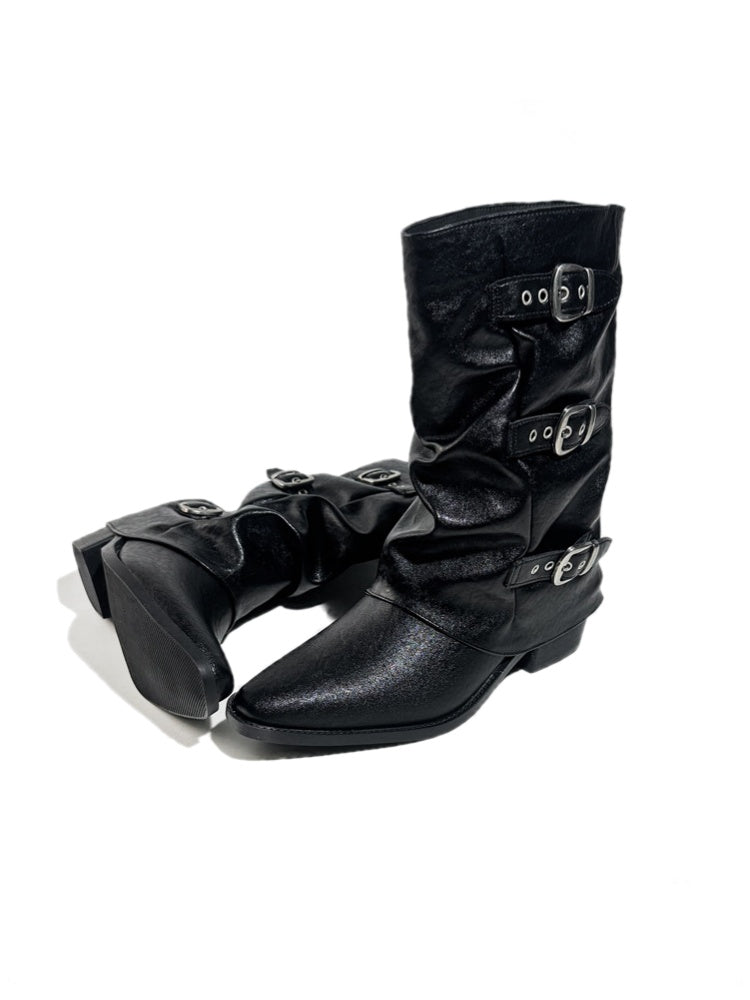 Triple Buckle Pointed Toe Chunky Heel Riding Boots【s0000017950】