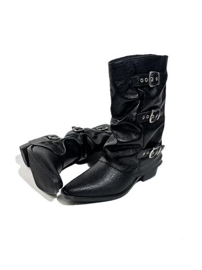 Triple Buckle Pointed Toe Chunky Heel Riding Boots【s0000017950】
