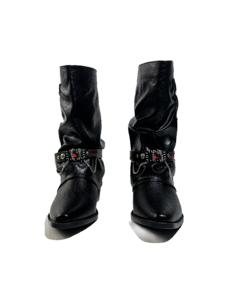 Triple Buckle Pointed Toe Chunky Heel Riding Boots【s0000017950】