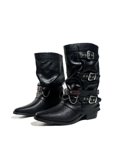 Triple Buckle Pointed Toe Chunky Heel Riding Boots【s0000017950】