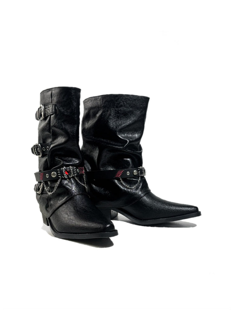 Triple Buckle Pointed Toe Chunky Heel Riding Boots【s0000017950】