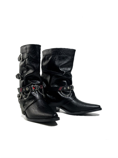 Triple Buckle Pointed Toe Chunky Heel Riding Boots【s0000017950】