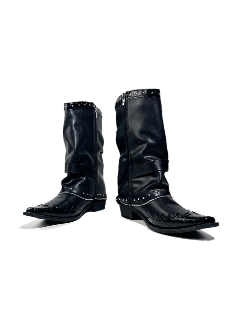 Niche Pointed Toe Metal Rivet Design Belt Buckle Riding Boots【s0000017953】