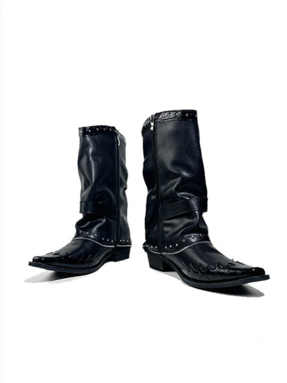 Niche Pointed Toe Metal Rivet Design Belt Buckle Riding Boots【s0000017953】