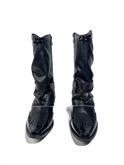 Niche Pointed Toe Metal Rivet Design Belt Buckle Riding Boots【s0000017953】