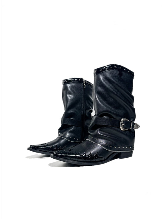 Niche Pointed Toe Metal Rivet Design Belt Buckle Riding Boots【s0000017953】