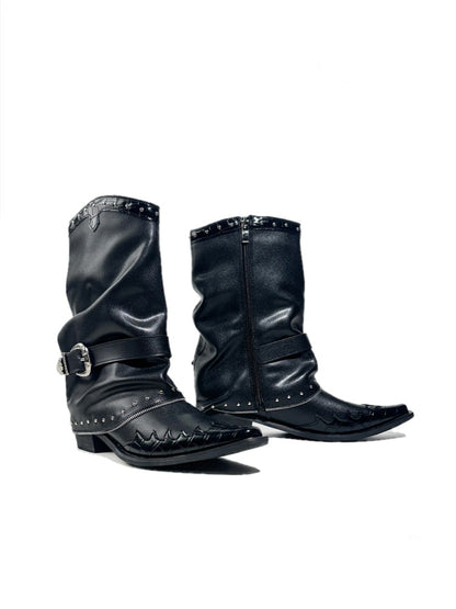 Niche Pointed Toe Metal Rivet Design Belt Buckle Riding Boots【s0000017953】