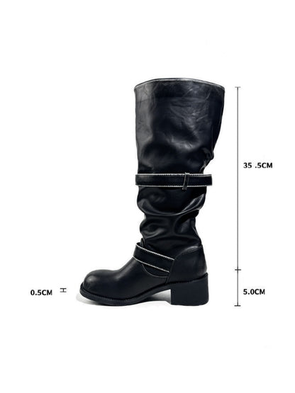 Leather Belt Buckles Long Tall Round-Toe Knight Boots【s0000017954】