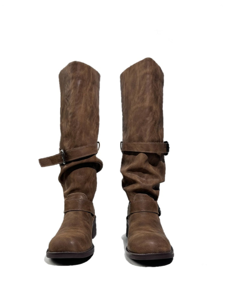 Leather Belt Buckles Long Tall Round-Toe Knight Boots【s0000017954】