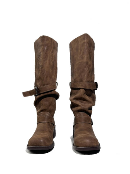 Leather Belt Buckles Long Tall Round-Toe Knight Boots【s0000017954】