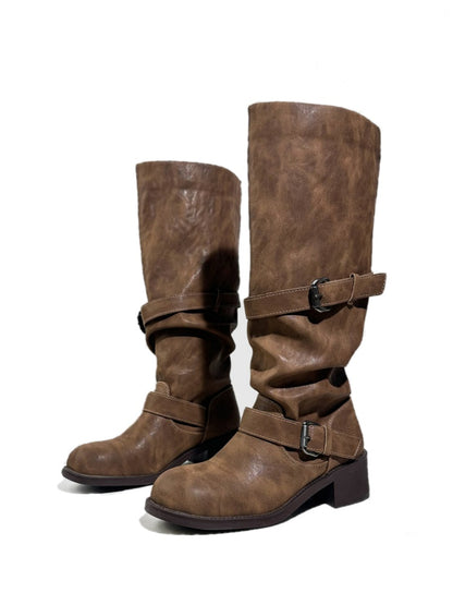 Leather Belt Buckles Long Tall Round-Toe Knight Boots【s0000017954】