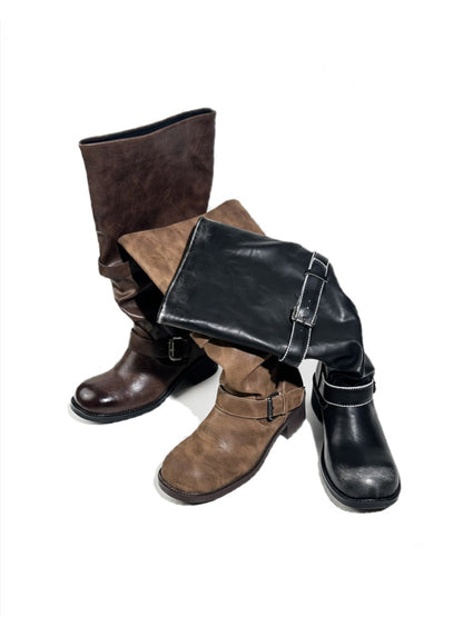 Leather Belt Buckles Long Tall Round-Toe Knight Boots【s0000017954】