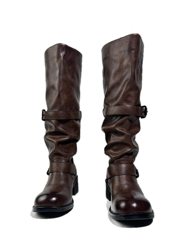 Leather Belt Buckles Long Tall Round-Toe Knight Boots【s0000017954】
