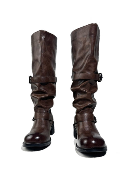 Leather Belt Buckles Long Tall Round-Toe Knight Boots【s0000017954】