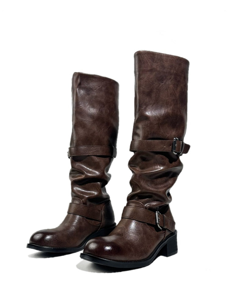 Leather Belt Buckles Long Tall Round-Toe Knight Boots【s0000017954】