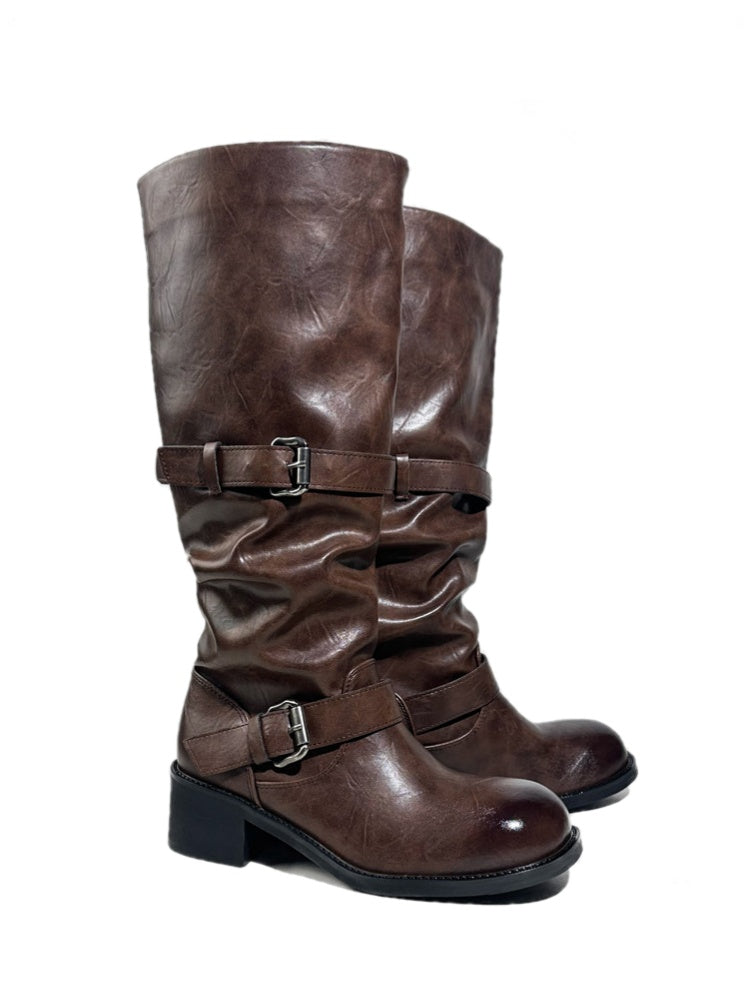 Leather Belt Buckles Long Tall Round-Toe Knight Boots【s0000017954】