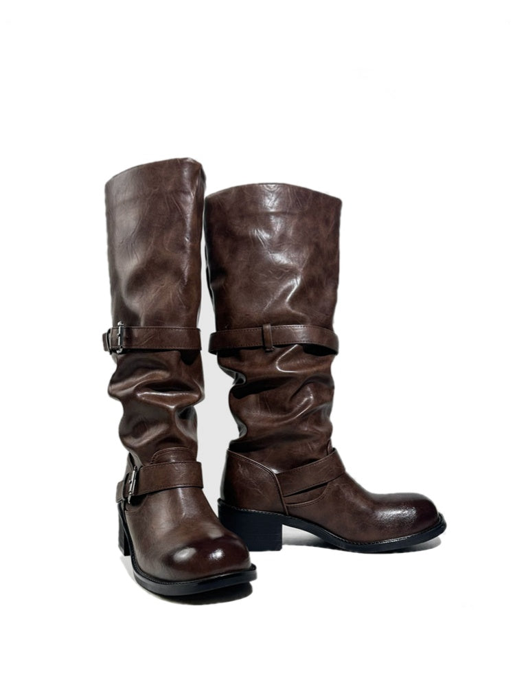 Leather Belt Buckles Long Tall Round-Toe Knight Boots【s0000017954】
