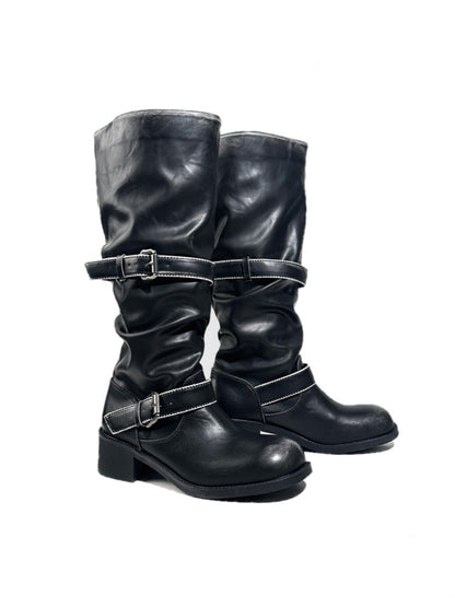 Leather Belt Buckles Long Tall Round-Toe Knight Boots【s0000017954】