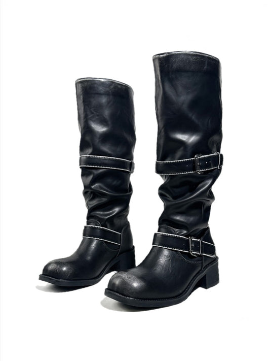 Leather Belt Buckles Long Tall Round-Toe Knight Boots【s0000017954】