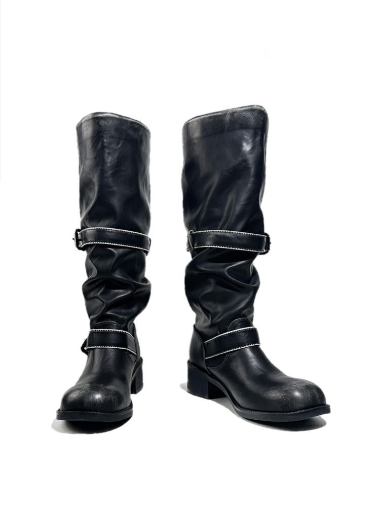 Leather Belt Buckles Long Tall Round-Toe Knight Boots【s0000017954】