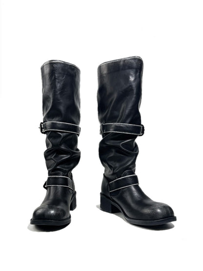 Leather Belt Buckles Long Tall Round-Toe Knight Boots【s0000017954】
