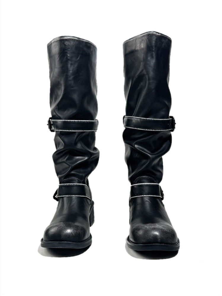 Leather Belt Buckles Long Tall Round-Toe Knight Boots【s0000017954】