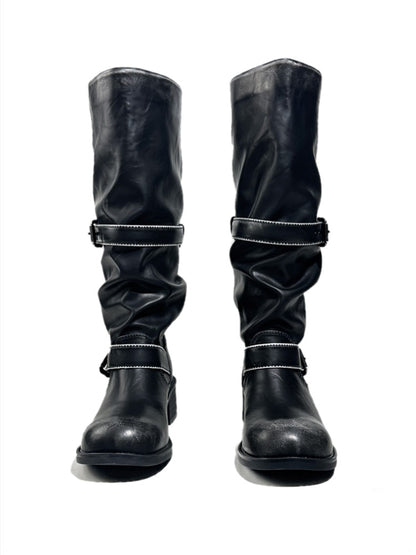 Leather Belt Buckles Long Tall Round-Toe Knight Boots【s0000017954】